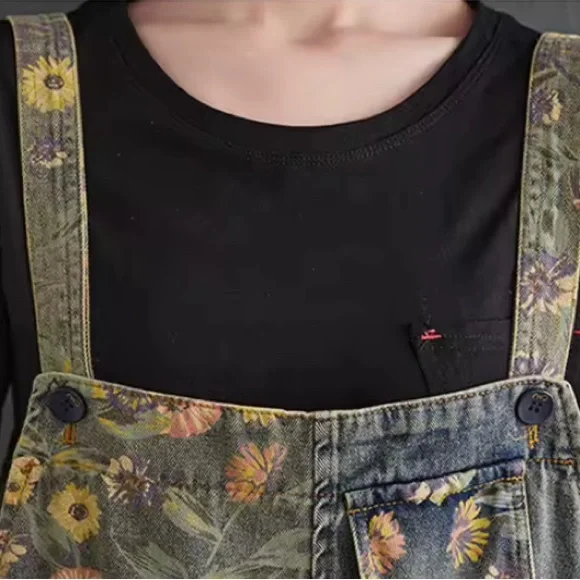 Women Print Floral Denim Overalls Casual Loose Size M Jumpsuit Wide Leg Pants - Picture 8 of 15